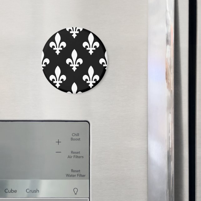Fleur de Lis Mönster, Royal Fransk, White on Black Magnet (In Situ (Fridge))