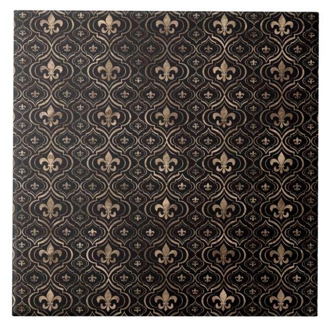 Fleur-de-lis mönster svart och guld kakelplatta (Framsidan)