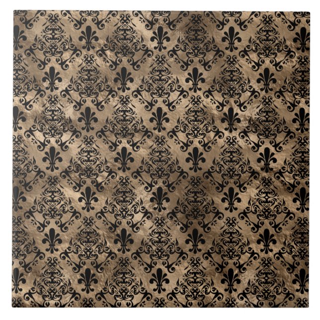 Fleur-de-lis-mönster svart på guld kakelplatta (Framsidan)