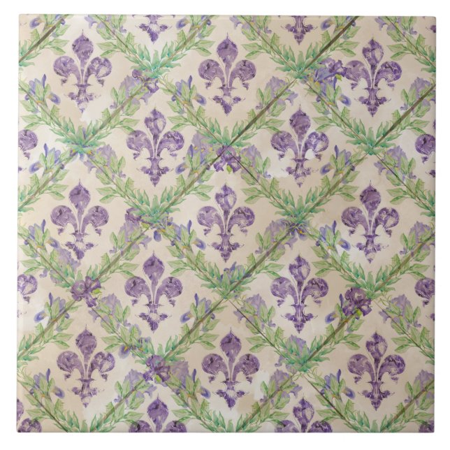 Fleur-de-lis mönster - vattenfärgsris kakelplatta (Framsidan)