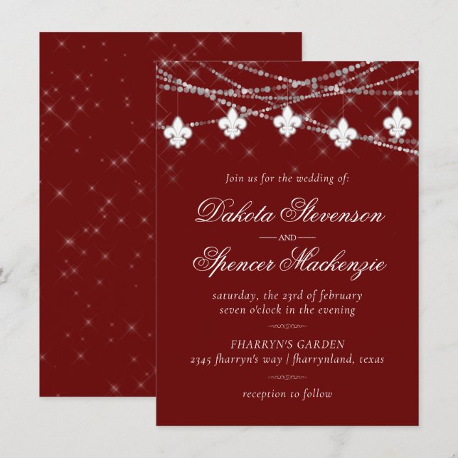 Fleur de Lis Mörk Red Ljus | Crimson Bröllop Inbjudningar (Fram/baksida)