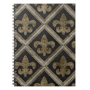 Fleur-de-lis-mosaikplattan mönster svart och guld anteckningsbok