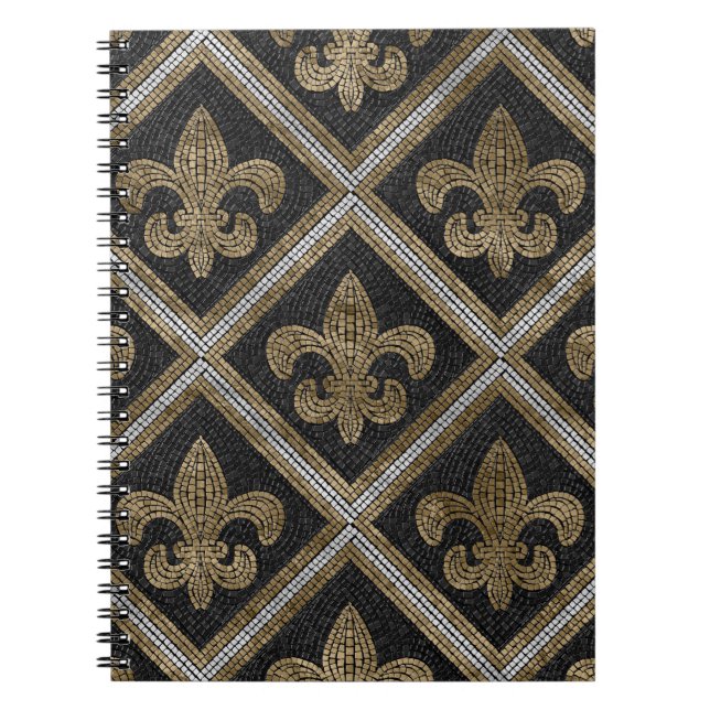 Fleur-de-lis-mosaikplattan mönster svart och guld anteckningsbok (Framsidan)