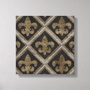 Fleur-de-lis-mosaikplattan mönster svart och guld canvastryck