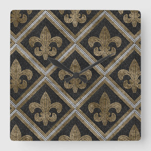 Fleur-de-lis-mosaikplattan mönster svart och guld fyrkantig klocka