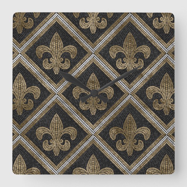 Fleur-de-lis-mosaikplattan mönster svart och guld fyrkantig klocka (Framsida)