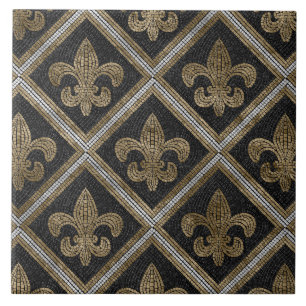 Fleur-de-lis-mosaikplattan mönster svart och guld kakelplatta
