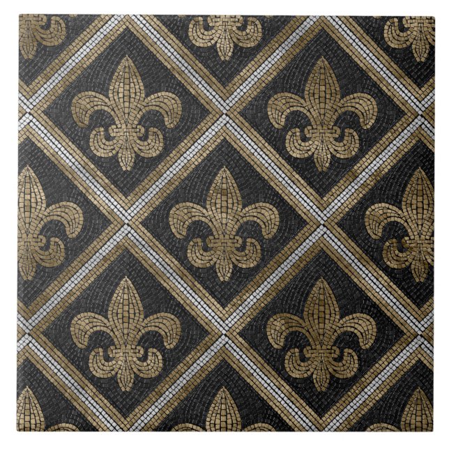Fleur-de-lis-mosaikplattan mönster svart och guld kakelplatta (Framsidan)