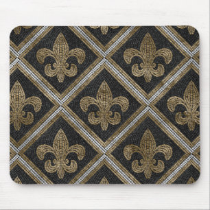 Fleur-de-lis-mosaikplattan mönster svart och guld musmatta