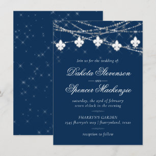 Fleur de Lis Navy Blue Ljus Rustic Bröllop Inbjudningar