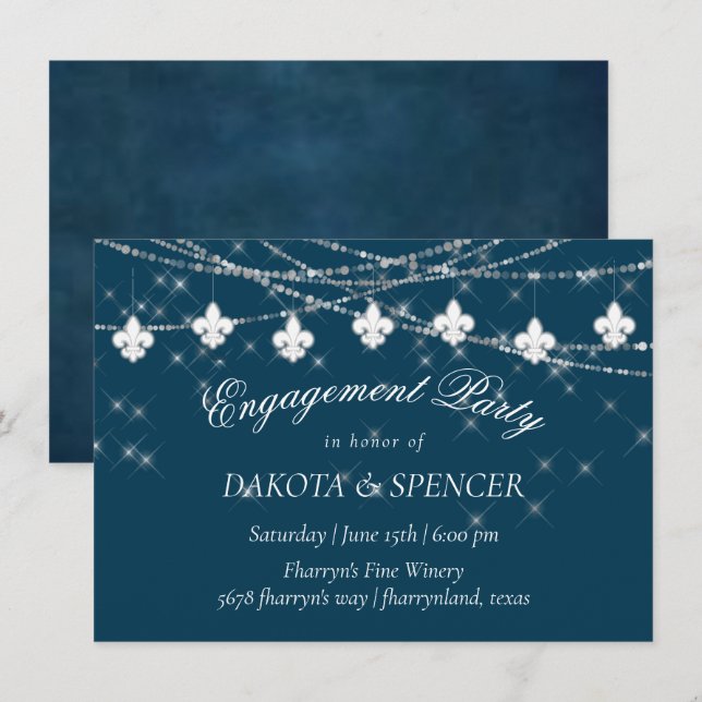 Fleur de Lis Navy Blue Ljus | Rustik Förlovning Inbjudningar (Fram/baksida)
