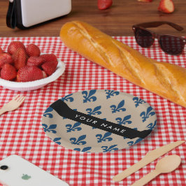 Fleur de Lis, Navy Blue on Beige, Royal, Your Name