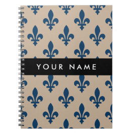 Fleur de Lis, Navy Blue on Beige, Royal, Your Name Anteckningsbok