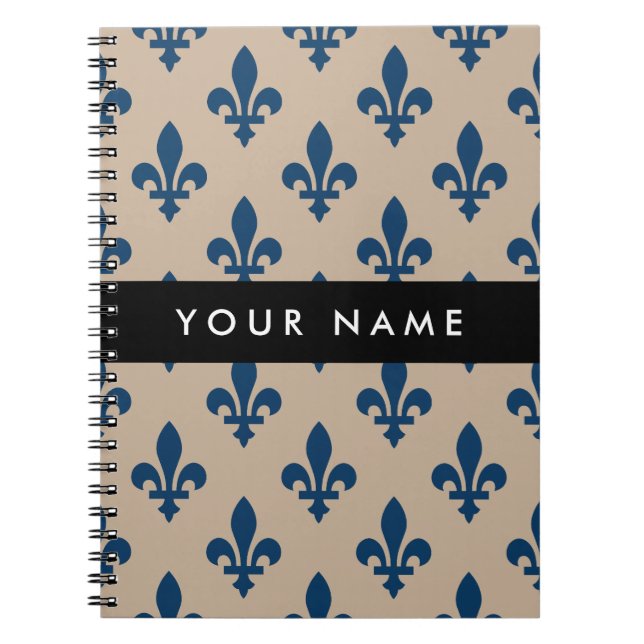 Fleur de Lis, Navy Blue on Beige, Royal, Your Name Anteckningsbok (Framsidan)