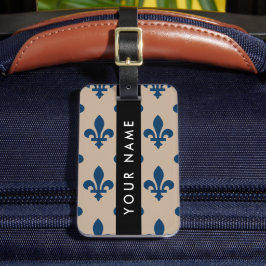 Fleur de Lis, Navy Blue on Beige, Royal, Your Name Bagagebricka