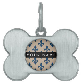 Fleur de Lis, Navy Blue on Beige, Royal, Your Name ID-bricka Husdjur