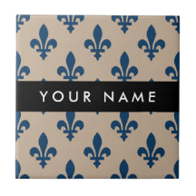 Fleur de Lis, Navy Blue on Beige, Royal, Your Name