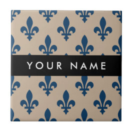 Fleur de Lis, Navy Blue on Beige, Royal, Your Name Kakelplatta