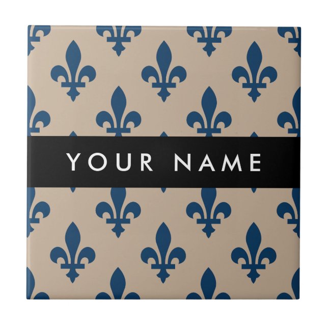 Fleur de Lis, Navy Blue on Beige, Royal, Your Name Kakelplatta (Framsidan)