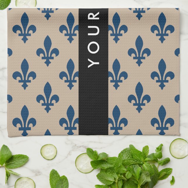 Fleur de Lis, Navy Blue on Beige, Royal, Your Name Kökshandduk (Vikta)