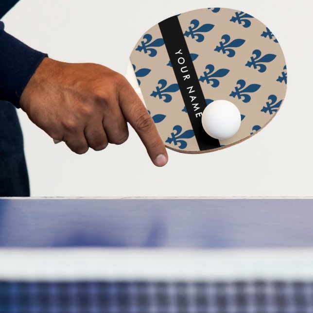 Fleur de Lis, Navy Blue on Beige, Royal, Your Name Pingisracket (Insitu)