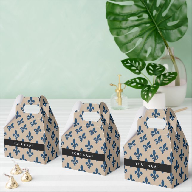 Fleur de Lis, Navy Blue on Beige, Royal, Your Name Presentaskar (Multipel)