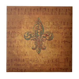 Fleur de lis och notblad kakelplatta