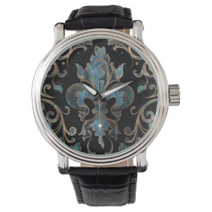 Fleur-de-lis-ornament Abalone-Snäckan och Guld Armbandsur