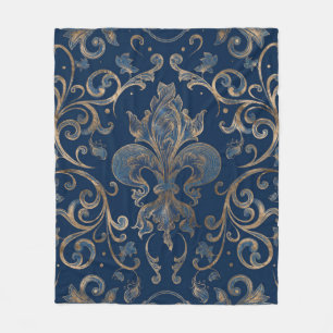 Fleur-de-lis ornament Blue Marble och Guld Fleecefilt