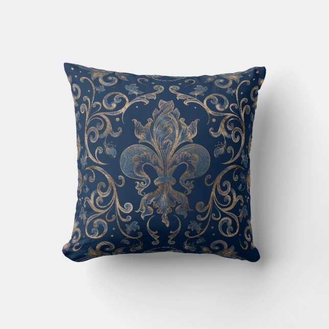 Fleur-de-lis ornament Blue Marble och Guld Kudde (Framsida)