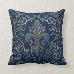 Fleur-de-lis ornament Blue Marble och Guld Kudde