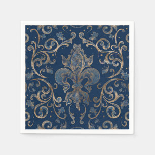 Fleur-de-lis ornament Blue Marble och Guld Pappersservett