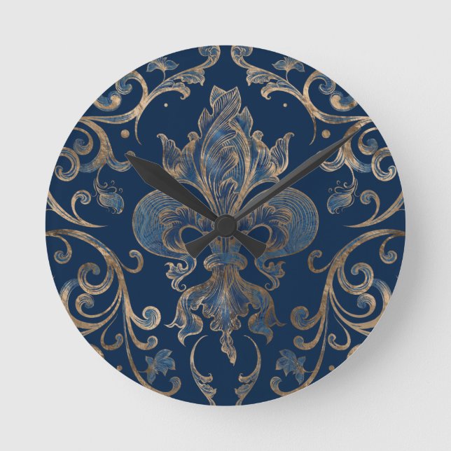 Fleur-de-lis ornament Blue Marble och Guld Rund Klocka (Framsida)