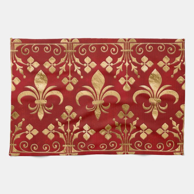 Fleur-de-lis ornament Luxury Red Kökshandduk (Horisontell)