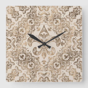 Fleur-de-lis Ornament - pastel guld Fyrkantig Klocka