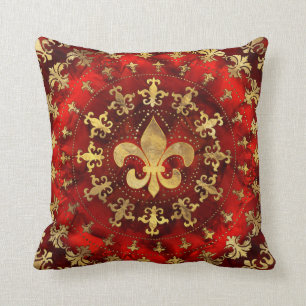 Fleur-de-lis ornament Red Marble och Guld Kudde