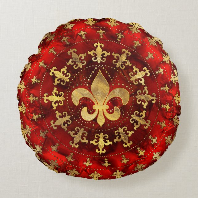 Fleur-de-lis ornament Red Marble och Guld Rund Kudde (Framsidan)