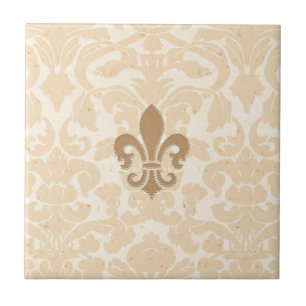 Fleur de Lis på beige damast Kakelplatta