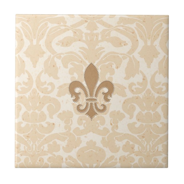 Fleur de Lis på beige damast Kakelplatta (Framsidan)