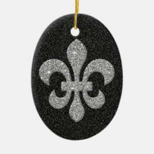 fleur-de-lis på glittery svart vit verkställer julgransprydnad keramik