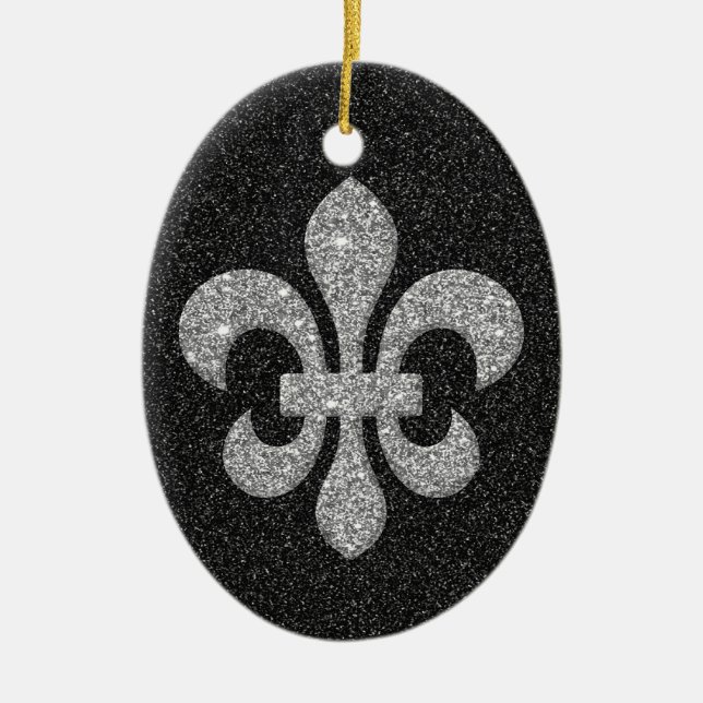 fleur-de-lis på glittery svart vit verkställer julgransprydnad keramik (Framsidan)