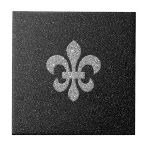 fleur-de-lis på glittery svart vit verkställer kakelplatta