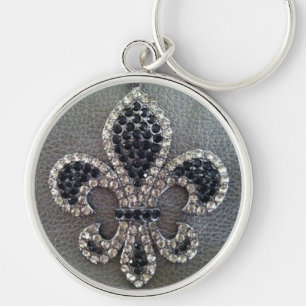 Fleur de lis på keychain för pewterlädertryck rund silverfärgad nyckelring