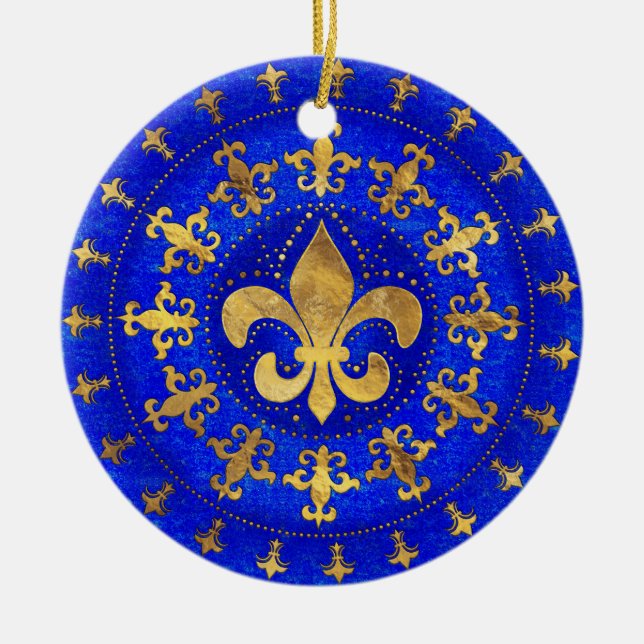 Fleur-de-lis prydent Lapis Lazuli och Guld Julgransprydnad Keramik (Framsidan)