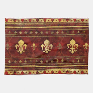 Fleur-de-lis Red Marble och Guld Kökshandduk
