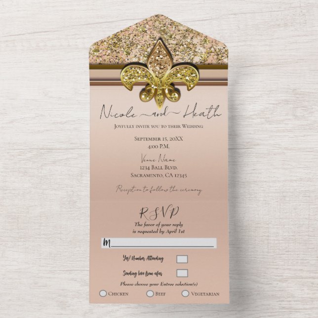 Fleur-de-lis Rodd Rosa Guld Glitter Glam Bröllop (Insida)