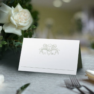 Fleur de lis sage grönt och vit bröllop bord placeringskort