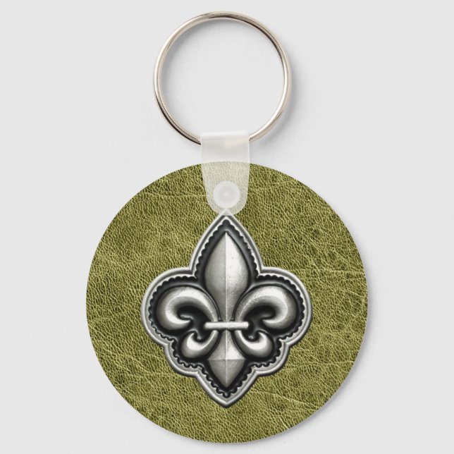 Fleur de Lis Silver på Grönt Leather Nyckelring (Framsida)