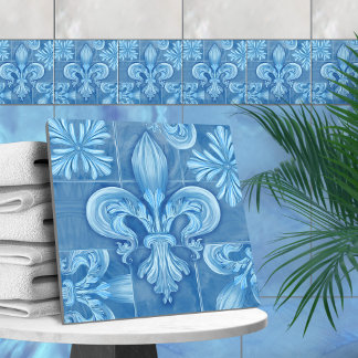 Fleur-de-lis - skonsam blå vattenfärg kakelplatta