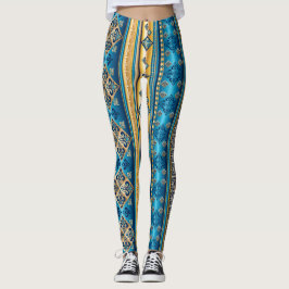 Fleur de lis Smoky Blue Guld Gult Ethnic Mönster Leggings